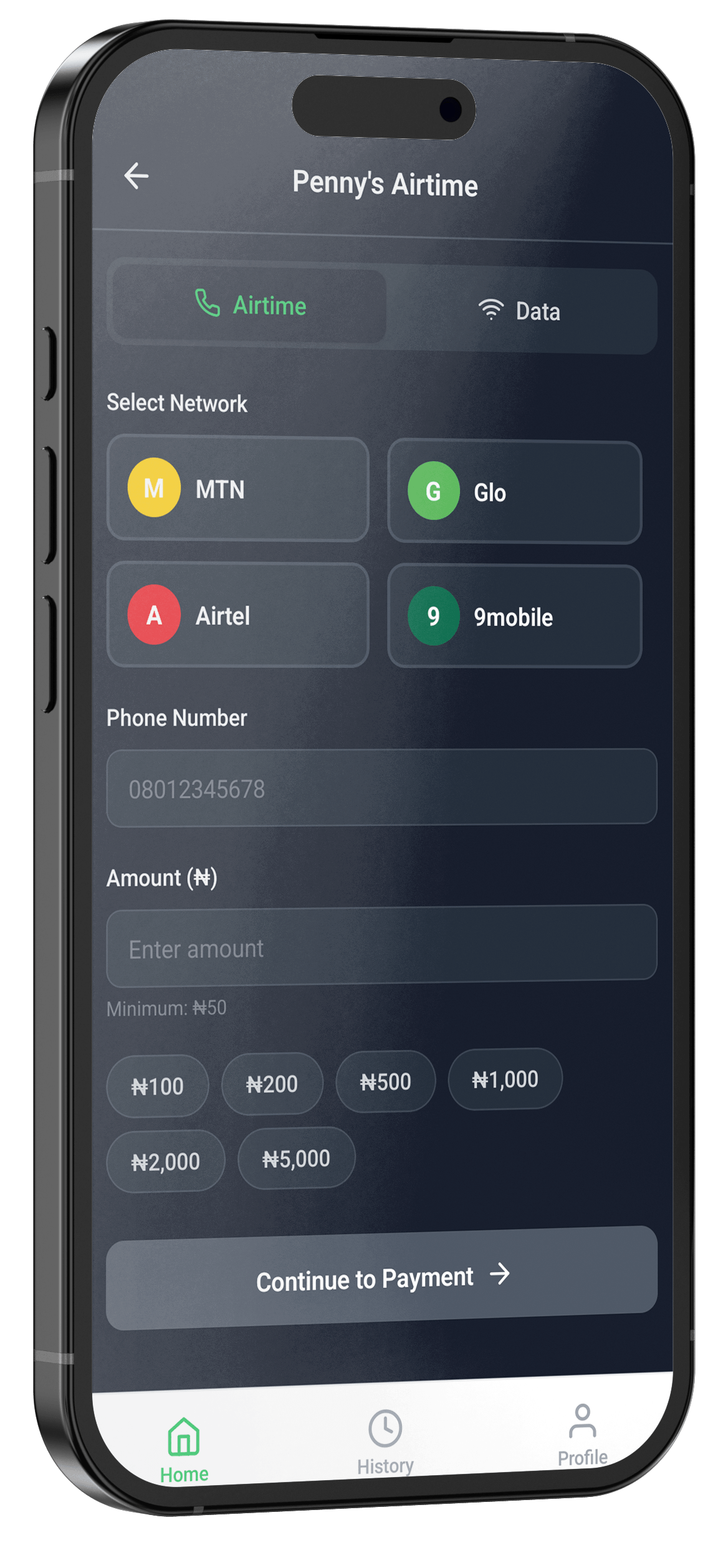 PennyCounts app — Penny's Airtime screen: choose network (MTN, Glo, Airtel, 9mobile), enter phone number and amount.