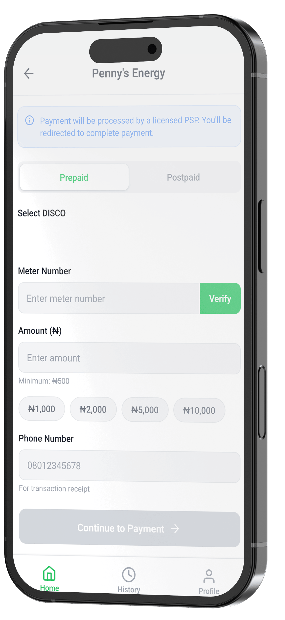 PennyCounts app — Penny's Energy screen: prepaid/postpaid electricity, select DISCO, verify meter number, pay.
